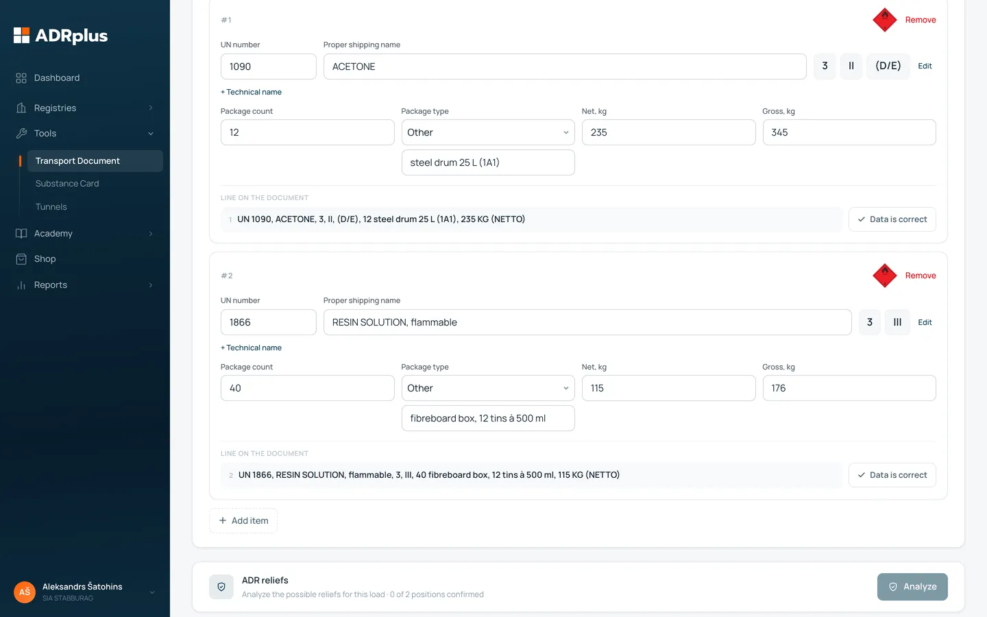 The transport document generator after ADRplus Vision — consignment lines recognised from the SDS and packing list, ready to confirm.