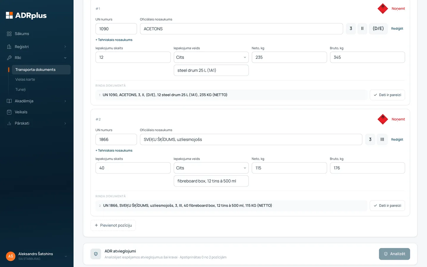 Pārvadājuma dokumenta ģenerators pēc ADRplus Vision apstrādes — pozīcijas atpazītas no SDS un packing list, gatavas apstiprināšanai.